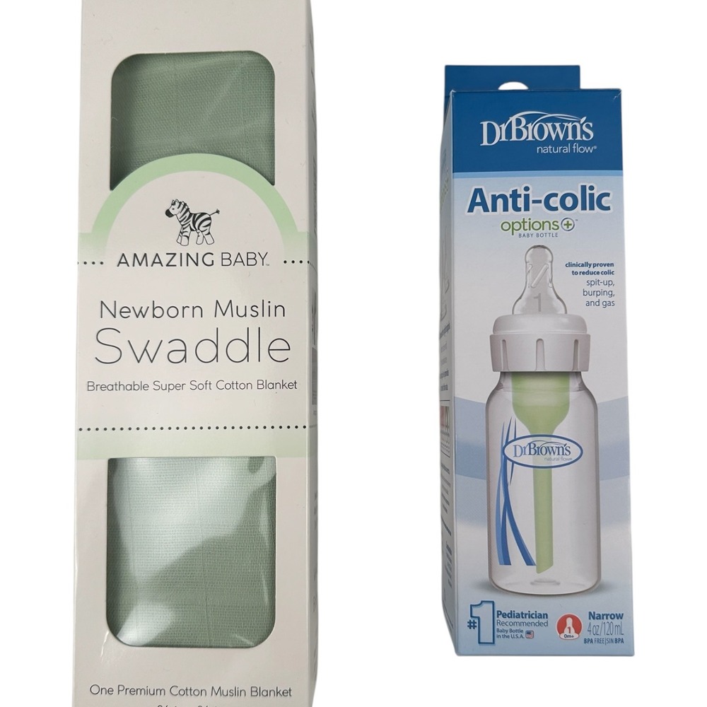 Amazing Baby Muslin Swaddle‎ Sage Green & Dr Browns Anti-Colic 4oz Bottle Bundle